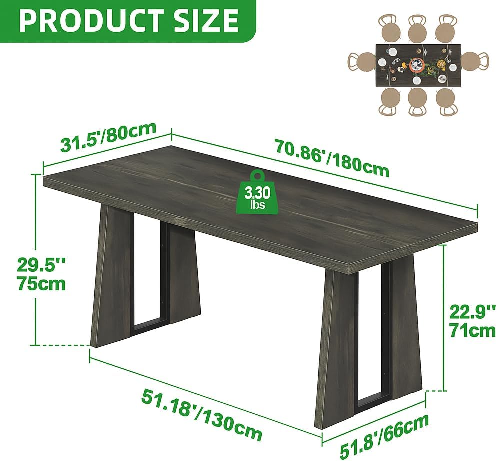 YITAHOME 70.86 Inch Dining Table for 6-8 People, Wooden Farmhouse Rectangular Kitchen Table, Modern Dining Room Dinner Table for Home Kitchen Apartment Restaurant, Rustic Grey