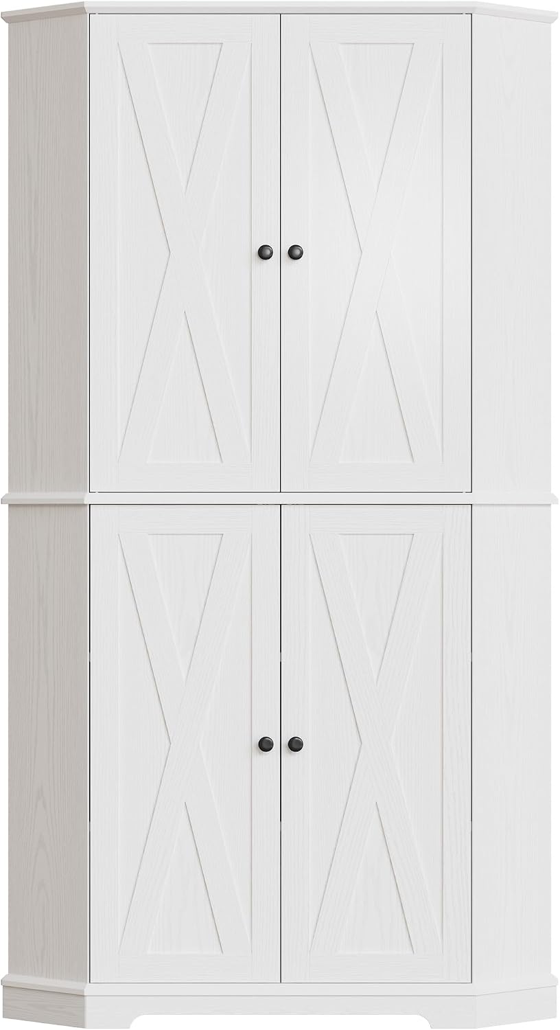 IRONCK Corner Cabinet, 72" Farmhouse Pantry Storage Cabinet, White | 6 Tiers Kitchen Pantry with 2 Adjustable Shelves, 240° Swivel Doors and Storage Rack for Kitchens, Dining rooms, Living rooms