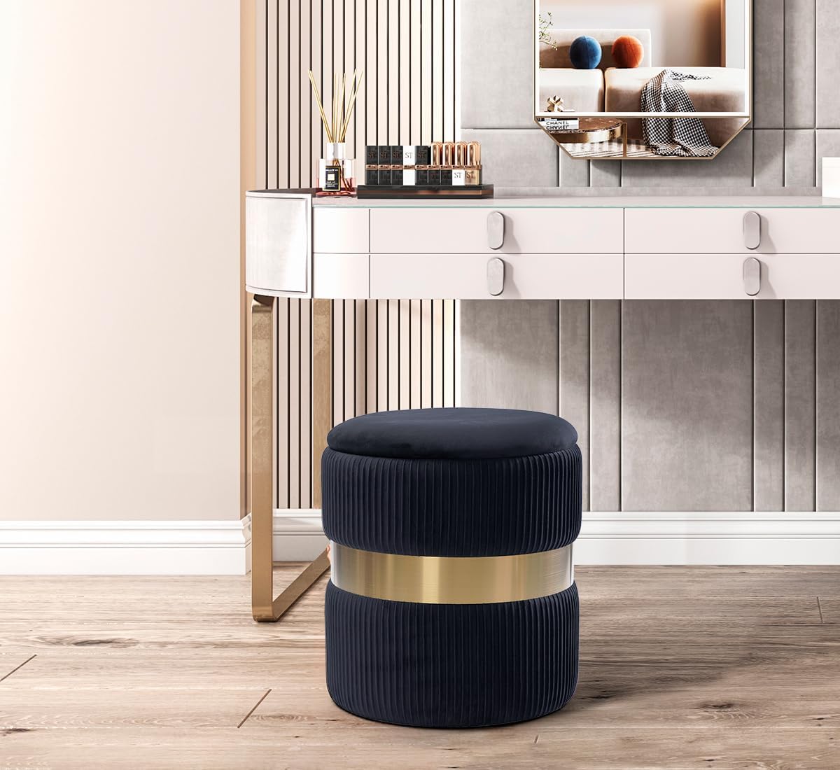 Round Velvet Storage Ottoman with Removable Lid Set of 2, Upholstered Footrest Stool with Gold Metal Hoop, Side Table Seat for Living Room, Makeup Vanity Stool for Bedroom (Pleated-Black)
