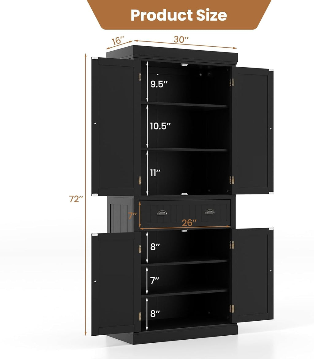 DORTALA 72” Tall Kitchen Pantry Cabinet, Wood Storage Cupboard w/ 4 Adjustable Shelves, 2 Cabinets & Drawer, Utility Freestanding Storage Cabinet for Kitchen, Hallway, Living Room, Black