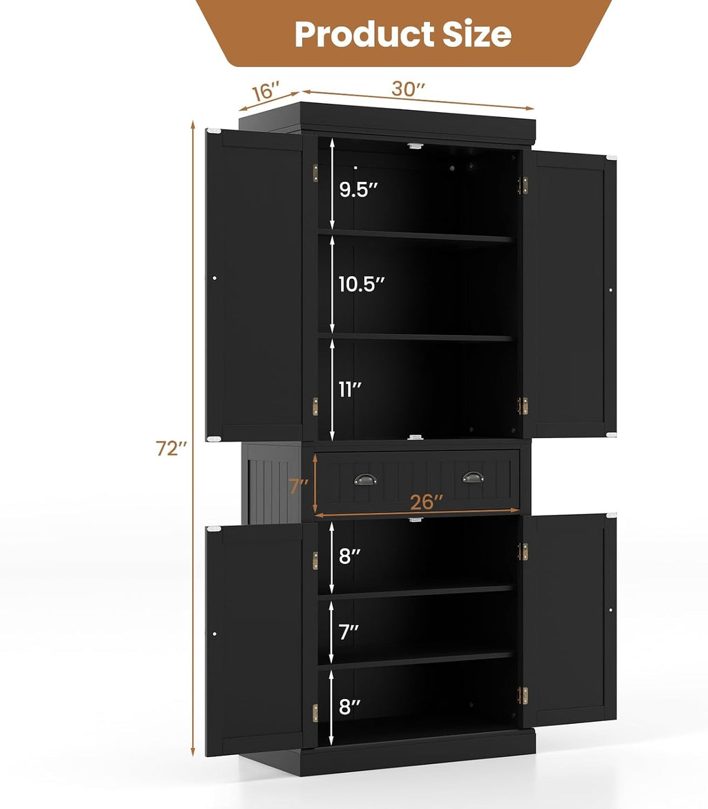 Giantex Pantry Organizers and Storage, 72" Tall Kitchen Cabinet with 2-Door Cabinets & Drawer, Buffet Sideboard w/Adjustable Shelves, Wooden Freestanding Cupboard for Dining Room Living Room (Black)