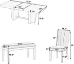 Quarte Farmhouse 78.1inch Extendable Wood Dining Table Set, 6-Piece Kitchen Table Set with Bench and 4 Upholstered Chairs,3.8inch Thick Tabletop and Trestle Legs (01-Natural)