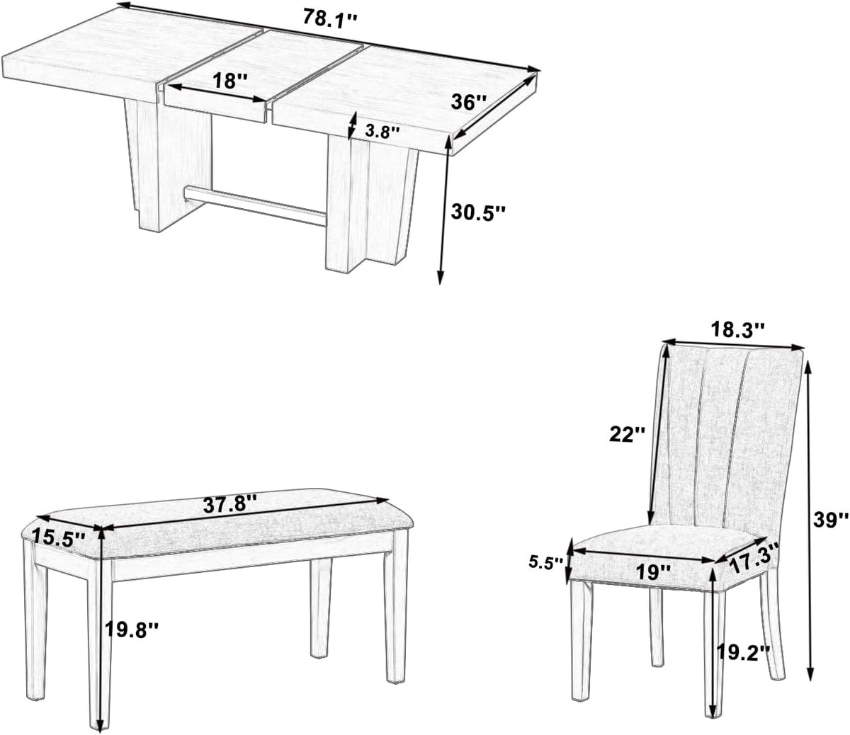 Quarte Farmhouse 78.1inch Extendable Wood Dining Table Set, 6-Piece Kitchen Table Set with Bench and 4 Upholstered Chairs,3.8inch Thick Tabletop and Trestle Legs (01-Natural)