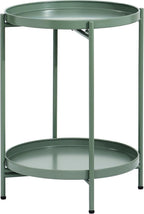 2-Tier Round End Side Table, Small Metal Side Table with Removable Tray, Folding Accent Tables for Living Room, Balcony, Nightstand for Bedroom, Outdoor Tables for Patio, Sage Green