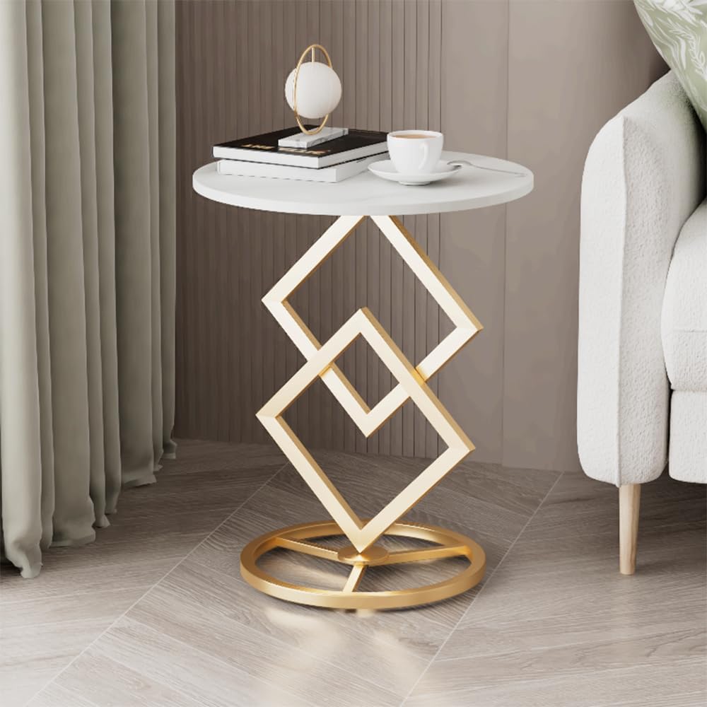 Boho Round Side Table Living Room, Luxurious Marble Desktop end Tables with Simple Aesthetic Metal Base, Modern Decor Bedside nightstand Coffee Snack Table for Bedroom Sofa Patio Balcony
