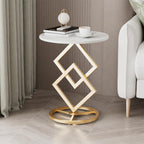 Boho Round Side Table Living Room, Luxurious Marble Desktop end Tables with Simple Aesthetic Metal Base, Modern Decor Bedside nightstand Coffee Snack Table for Bedroom Sofa Patio Balcony