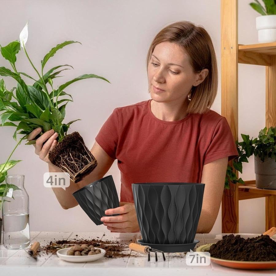 4/4.5/5/5.5/6/6.5/7 Inch Plant Pots,7 Pack Flower Pots with Drainage Holes and Trays,Plastic Planters for Indoor Outdoor Plants Growth,Black