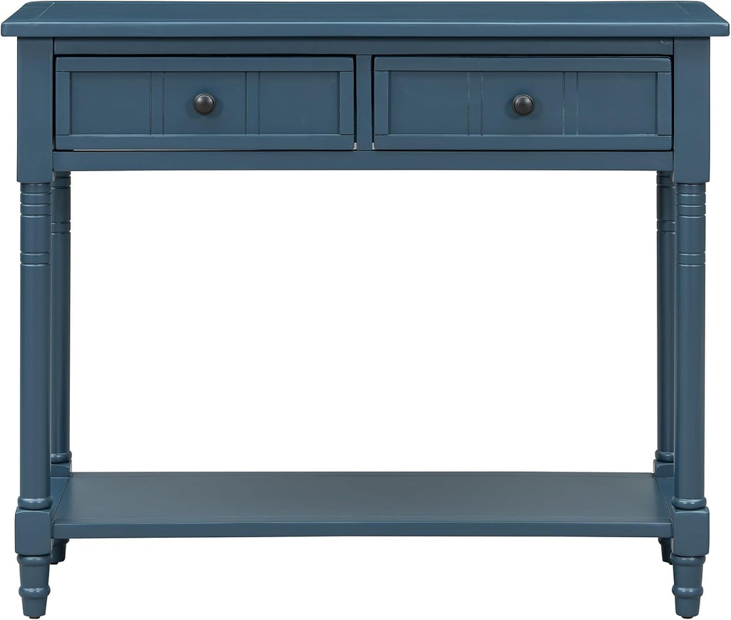 P PURLOVE Console Table Sideboard Wooden Sofa Table with 2 Drawers and Bottom Shelf (Dark Navy)