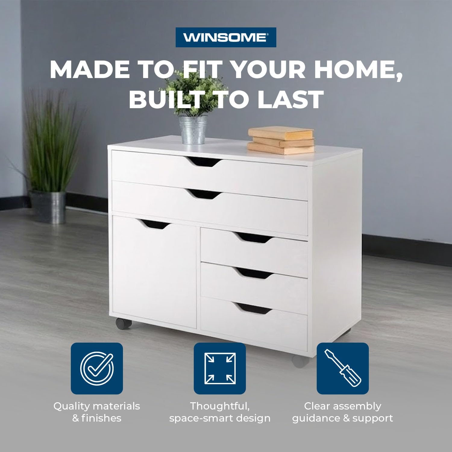 Winsome Halifax Mobile Storage Cabinet with 1 Door & 5 Drawers, White | Stylish & Functional Home Storage Cabinet for Filing, Kitchen Organization, Moveable Furniture for Office, Dorms, Apartments