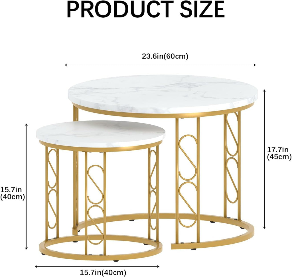 Garden 4 you Coffee Table Faux Marble Nesting Table for Small Place 2 Sets Modern Furniture Living Room Sets End Side Table Night Stand for Bed Room Dining Room (White & Gold)