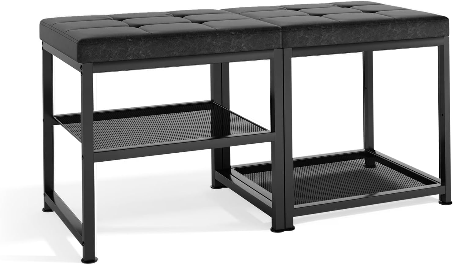 DreamDashio Set of 2 Small Shoe Storage Benches with PU Leather Cushion, 3-Tier Shoe Rack Organizer for Entryway, Metal Mesh Shelves, Holds Up to 300 lbs, Black (31.5"x11.4"x17.5")