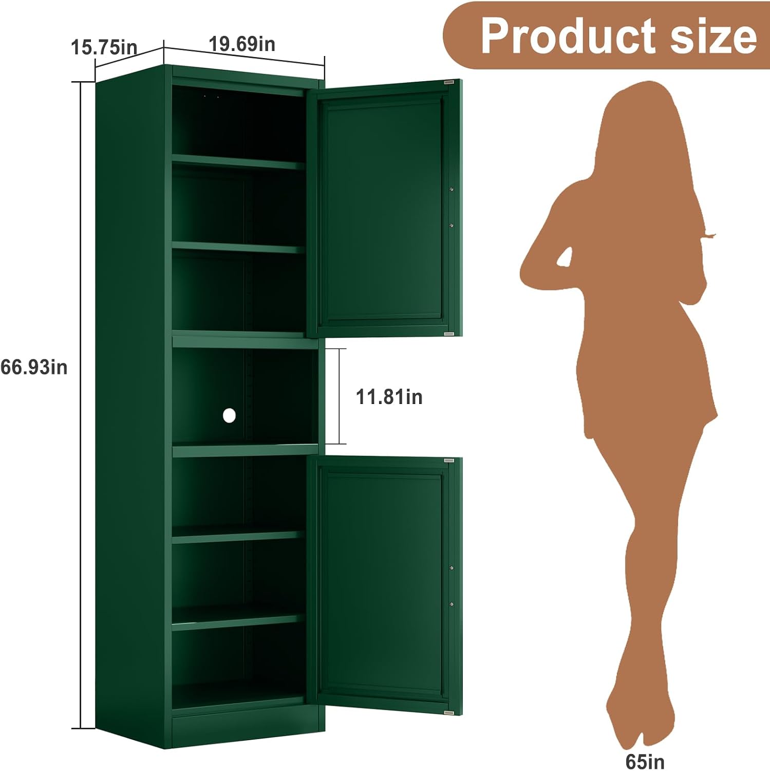 Tokawa 67" Tall Pantry Cabinet, Kitchen Metal Storage Cabinet with Breathable Mesh Doors, 4 Adjustable Shelves, Reversible Doors, Cord Hole, Reversible Door, Green