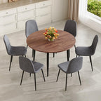 FURNITO Round Dining Table Set for 6, 42"-54" Extendable Dining Room Table with 6 Linen Fabric Chairs, Mid Century Modern Dining Set for Small Space (Walnut Table + 6 Dark Grey Chairs)