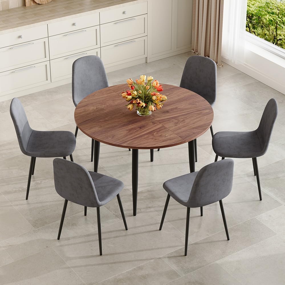 FURNITO Round Dining Table Set for 6, 42"-54" Extendable Dining Room Table with 6 Linen Fabric Chairs, Mid Century Modern Dining Set for Small Space (Walnut Table + 6 Dark Grey Chairs)