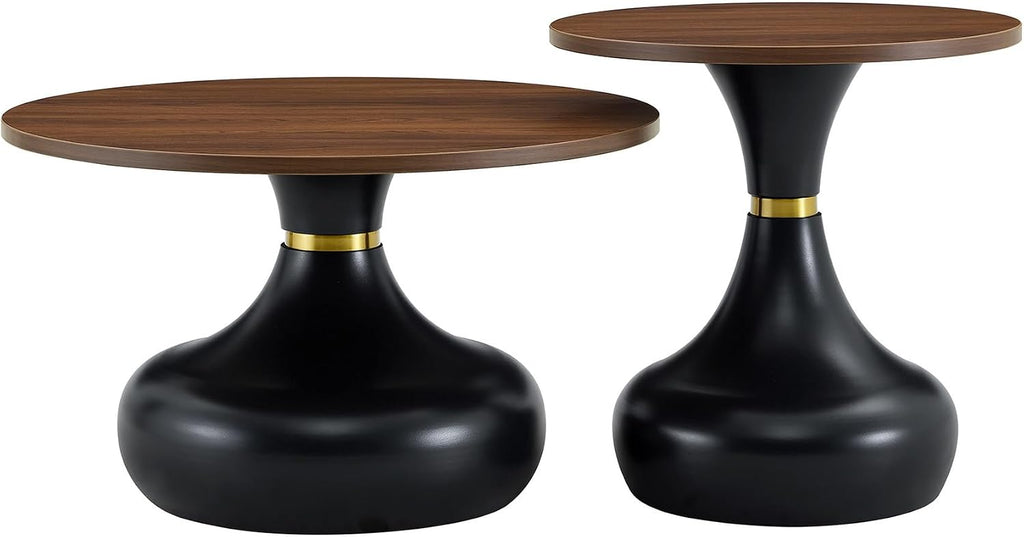 2-Piece Nesting Coffee Table Set, Walnut MDF Tops, Black Metal Bases