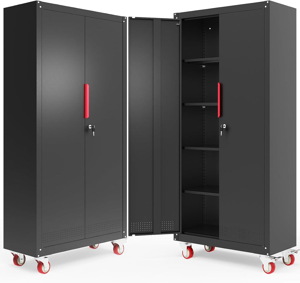 Metal Storage Cabinet with Wheels,71"Garage Cabinets with Lock Door | Heavy-Duty Garage Tool Cabinet with 4 Adjustable Shelves,Garage Cabinet and Storage System for Garage,Home,Shop,Office