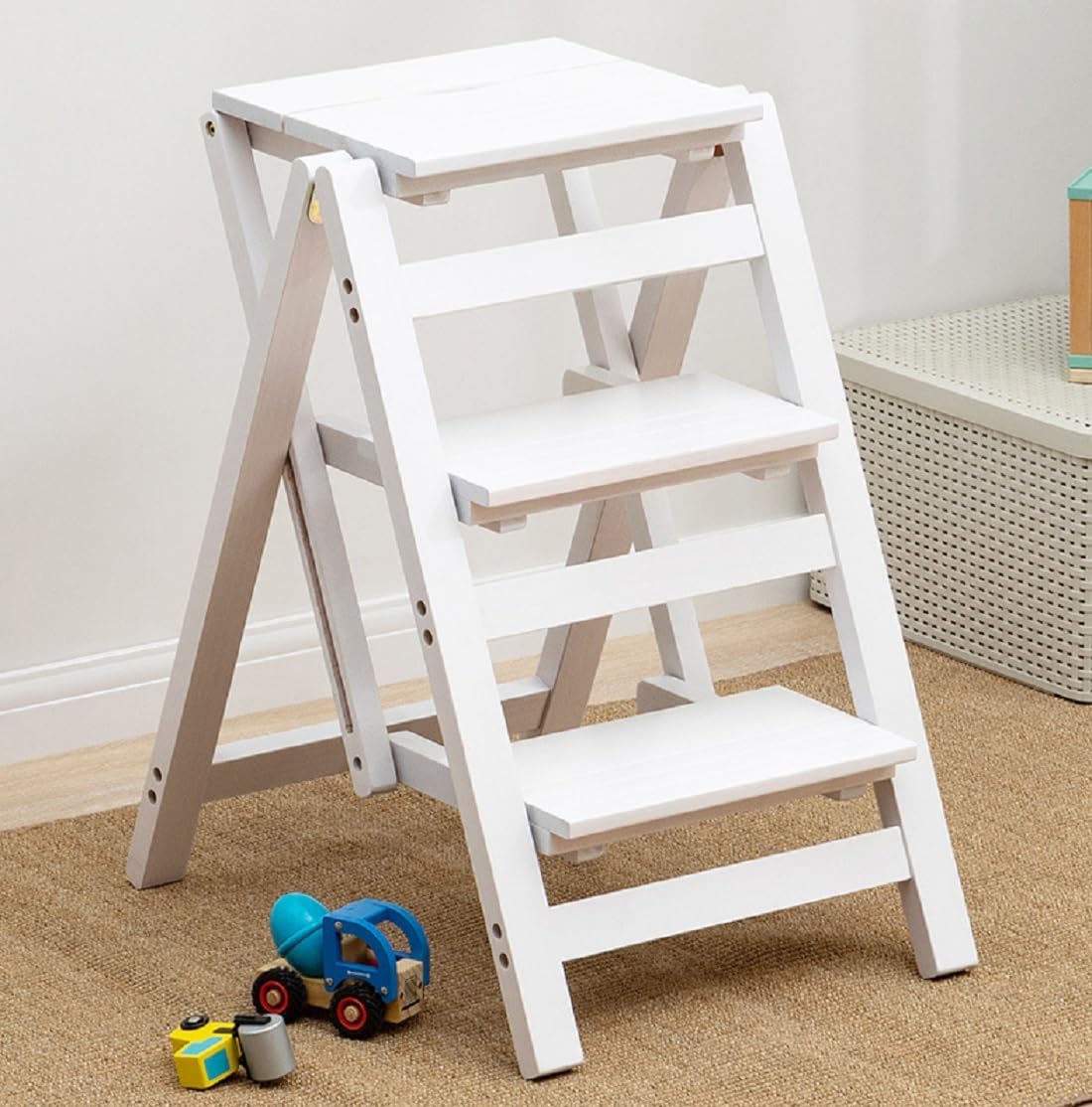Folding Step Stool for Adults, 3 Tier Step Ladder Portable Counter Chair Wooden Trapezoidal Shelf with Convenient Handle for Home Office Garage Library