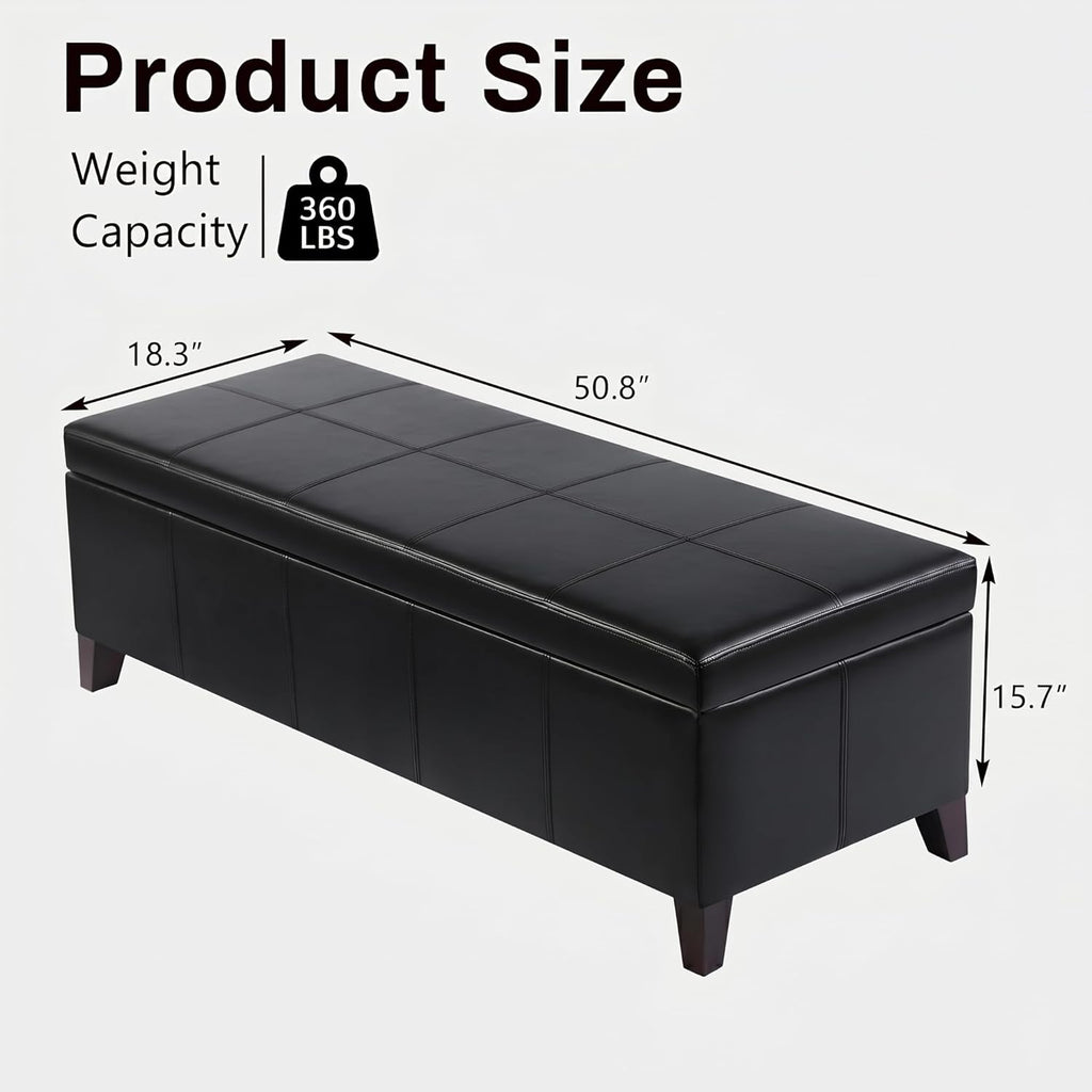 51 Inch Storage Ottoman Bench, Faux Leather Foot Rest with Hinged Lid, Long Rectangle Bed Bench for Living Room, Bedroom, Entryway, Black