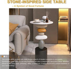 Stone-Shaped Side Table, Resin & Wood End Table, Sofa Side Table for Living Room, Bedroom, Modern Accent Table, Decorative Luck-Inspired Design(Small)