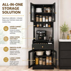 71" Kitchen Pantry Hutch Storage Cabinet with Microwave Stand, Farmhouse Freestanding Buffet Sideboard with Coffee Bar, Tall Wood Cupboard for Kitchen Dining Room (Black)