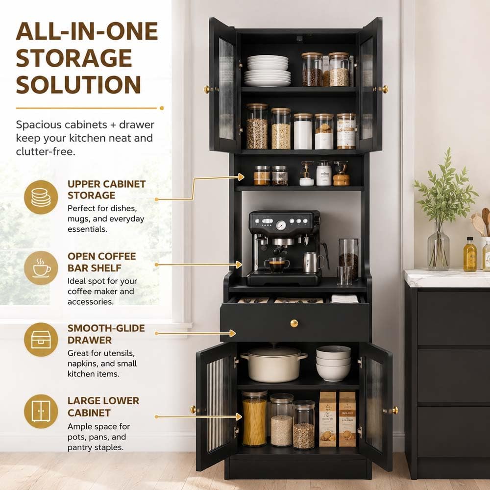 71" Kitchen Pantry Hutch Storage Cabinet with Microwave Stand, Farmhouse Freestanding Buffet Sideboard with Coffee Bar, Tall Wood Cupboard for Kitchen Dining Room (Black)