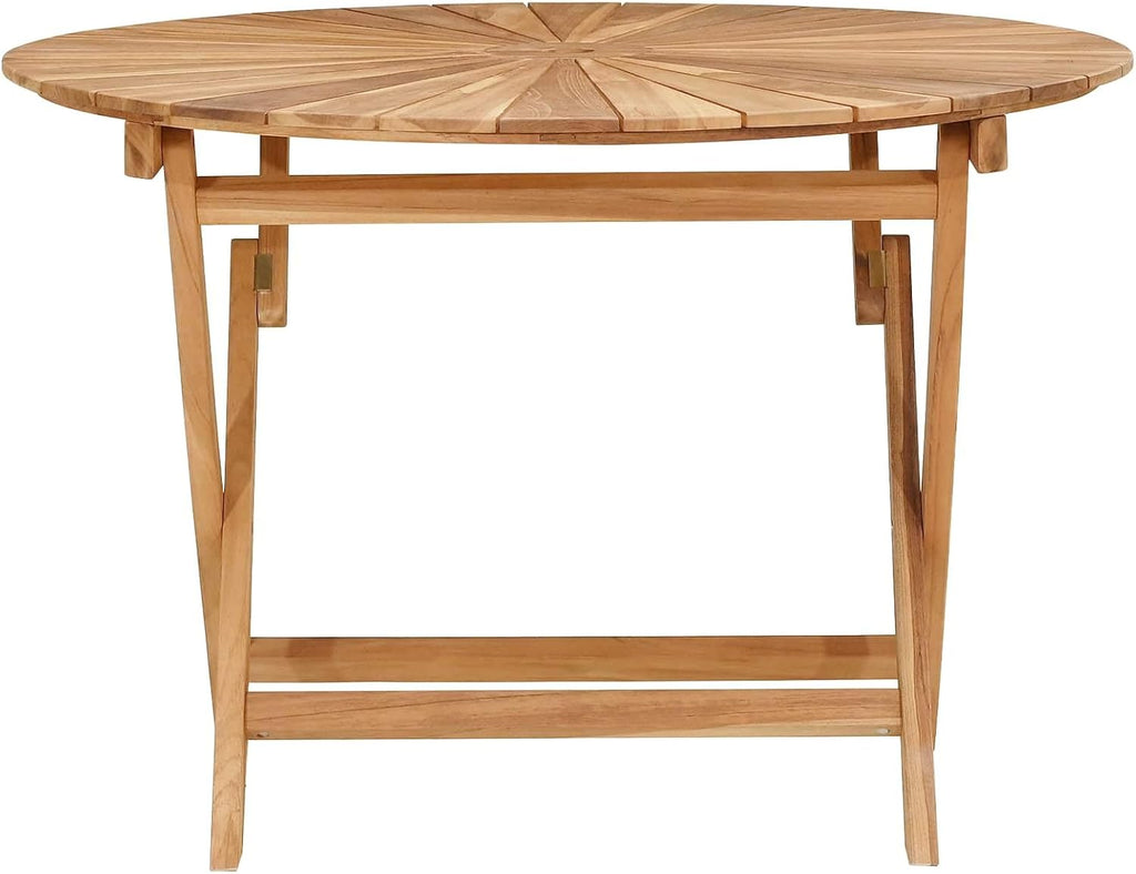 Round Solid Teak Folding Table with Water-Based Finish, 43.31 x 29.53 in, Slatted Top for Drainage, Umbrella Hole, Seats Four for Garden Patio