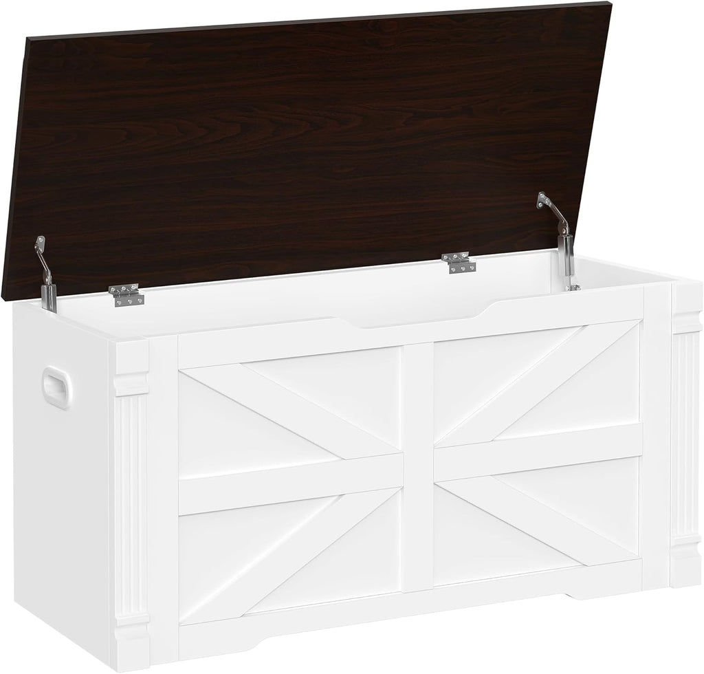 VVFLU Storage Bench, 39.4" Storage Chest with 2 Safety Hinges, Farmhouse Roman Column Design with Elliptical Handle Holes, for Entryway, Bedroom, Living Room (White + Walnut)