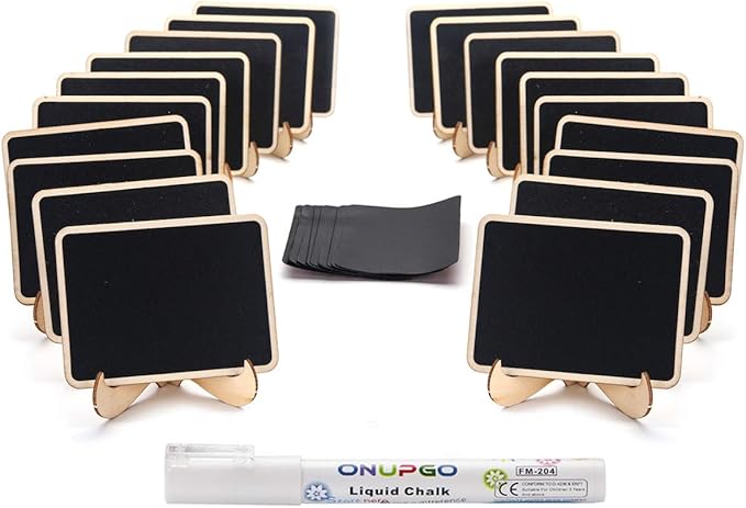 ONUPGO Mini Chalkboard Signs, 20 Pack Small Wooden Chalkboard Labels with Easels Stand, Place Cards, Food Signs, Blackboards for Table Numbers, Weddings Signs, Party Decoration