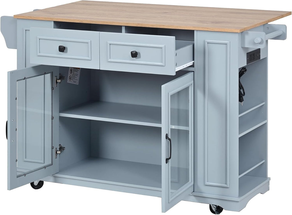 Rolling Kitchen Island Cart with Wood Countertop, Mobile Kitchen Storage Cart with Drawers, Glass Door Cabinet & Side Spice Rack for Small Kitchen