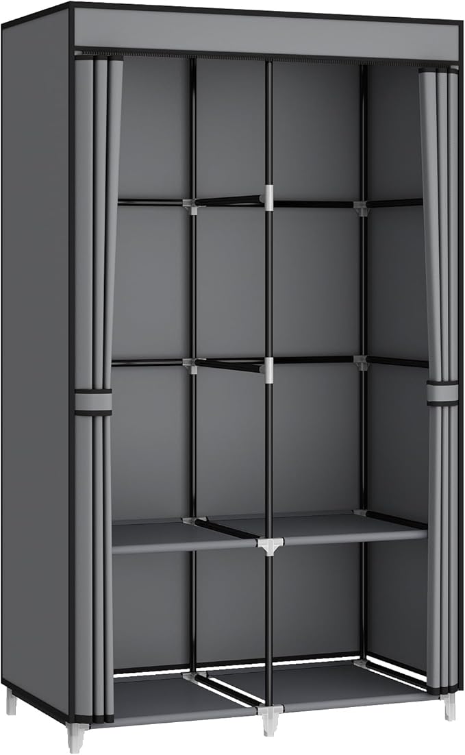 Portable Closet Wardrobe for Small Room, 35-Inch Clothing Organizer Storage Rack with 2 Clothes Hanging Rods and 4 Shelves, Non-Woven Fabric Cover, Grey