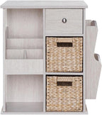 Pemberly Row Wood Revolving Side Table, 18" W x 18" D x 24" H, Whitewashed Finish, MDF with Rattan Accents, Drawers and Shelves, Compact Transitional Design for Living Room or Bedroom Storage