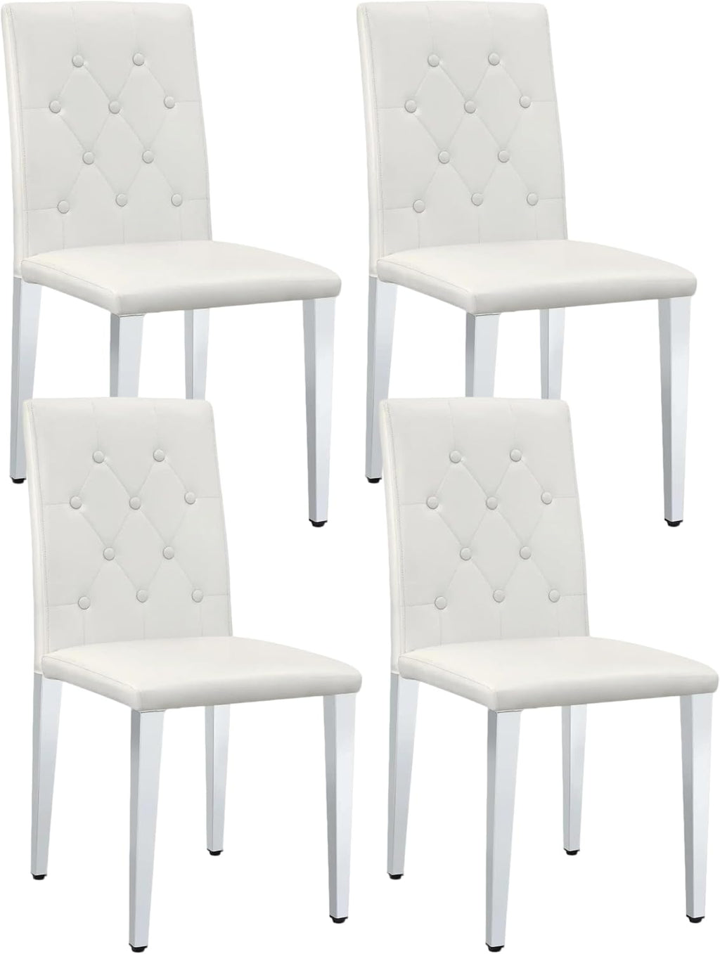 White Dining Chairs Set of 4, Faux Leather, Silver Metal Legs | Button-Tufted Upholstered Parsons Chairs with Padded Seats for Dining Room, Kitchen, Apartment, or Restaurant Use