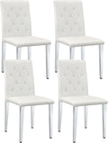 White Dining Chairs Set of 4, Faux Leather, Silver Metal Legs | Button-Tufted Upholstered Parsons Chairs with Padded Seats for Dining Room, Kitchen, Apartment, or Restaurant Use