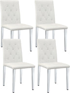 White Dining Chairs Set of 4, Faux Leather, Silver Metal Legs | Button-Tufted Upholstered Parsons Chairs with Padded Seats for Dining Room, Kitchen, Apartment, or Restaurant Use