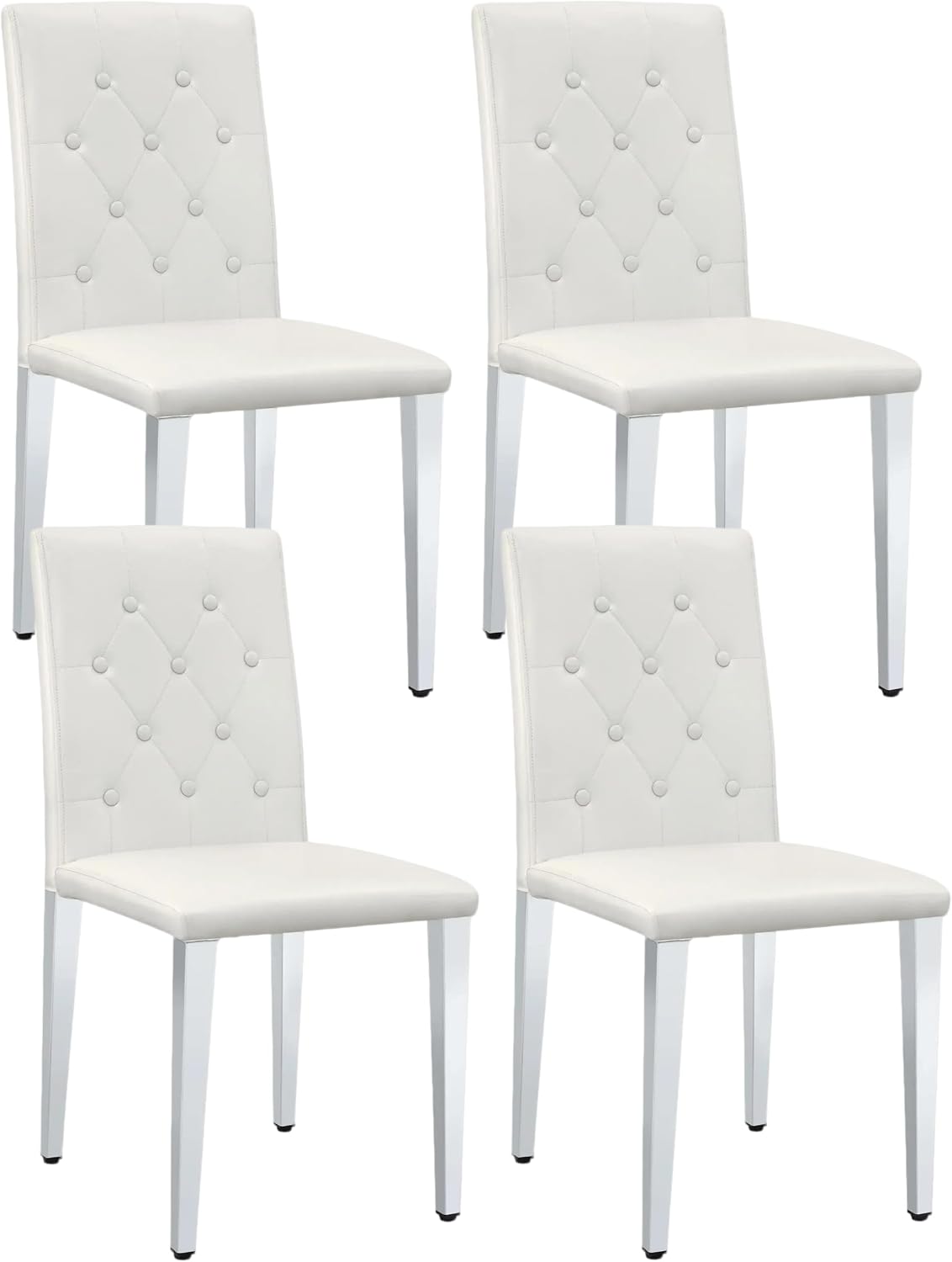 White Dining Chairs Set of 4, Faux Leather, Silver Metal Legs | Button-Tufted Upholstered Parsons Chairs with Padded Seats for Dining Room, Kitchen, Apartment, or Restaurant Use
