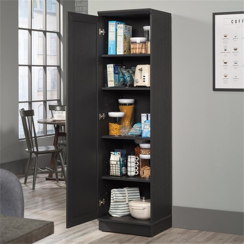 Pemberly Row Engineered Wood Single Door Pantry, 70.945 in H x 18.819 in W x 17.087 in D, Raven Oak Finish, Adjustable Shelves and Reversible Door, Kitchen or Dining Room Storage Cabinet