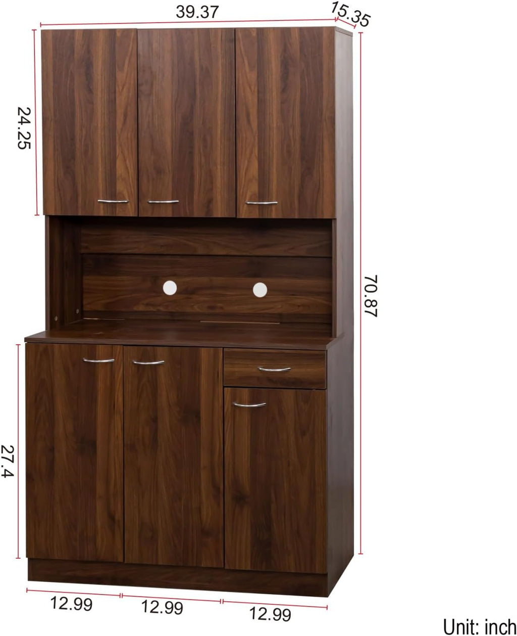 KEIKI 70.87" Tall Kitchen Pantry Storage Cabinet with Countertop, 6-Doors, 1 Drawers, Microwave Stand and Shelves, Freestanding Wood Hutch Food Pantries Cupboard for Coffee Bar, Dining Room
