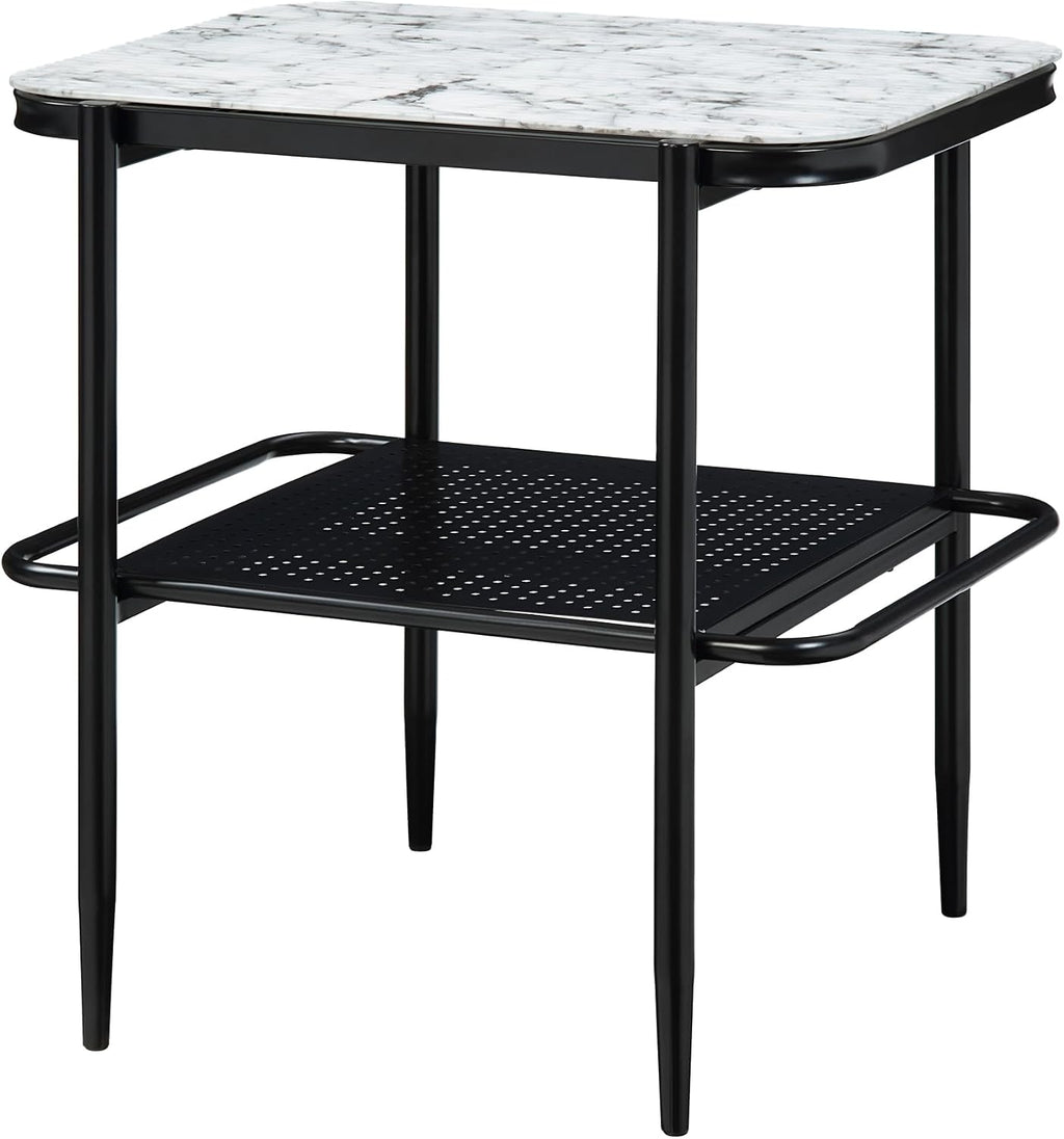 3pc Occasional Table Set with Tempered Glass and Metal Base | Includes 1 coffee table and 2 end tables with white marble print tempered glass tops