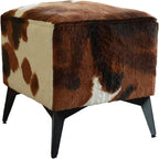 Faux Cowhide Ottoman, Upholstered Foot Stool - 16 x 16 x 17 Inches, Cube Footrest with Solid Metal Legs for Living Room, Bedroom & Entryway(Brown)