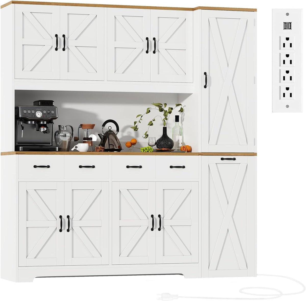 70.9" Tall Farmhouse Pantry Cabinet with Pull-Out Storage Cart & LED Lights, Large Kitchen Hutch with Charging Station, 9 Doors 4 Drawers Adjustable Shelves for Dining Living Room, White
