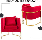 Velvet Accent Barrel Chairs Set of 2, Modern Arm Club Chair Set with Pillow for Living Room/Bedroom/Guest Reception, Channel Tufted, Gold Finish Base, Red