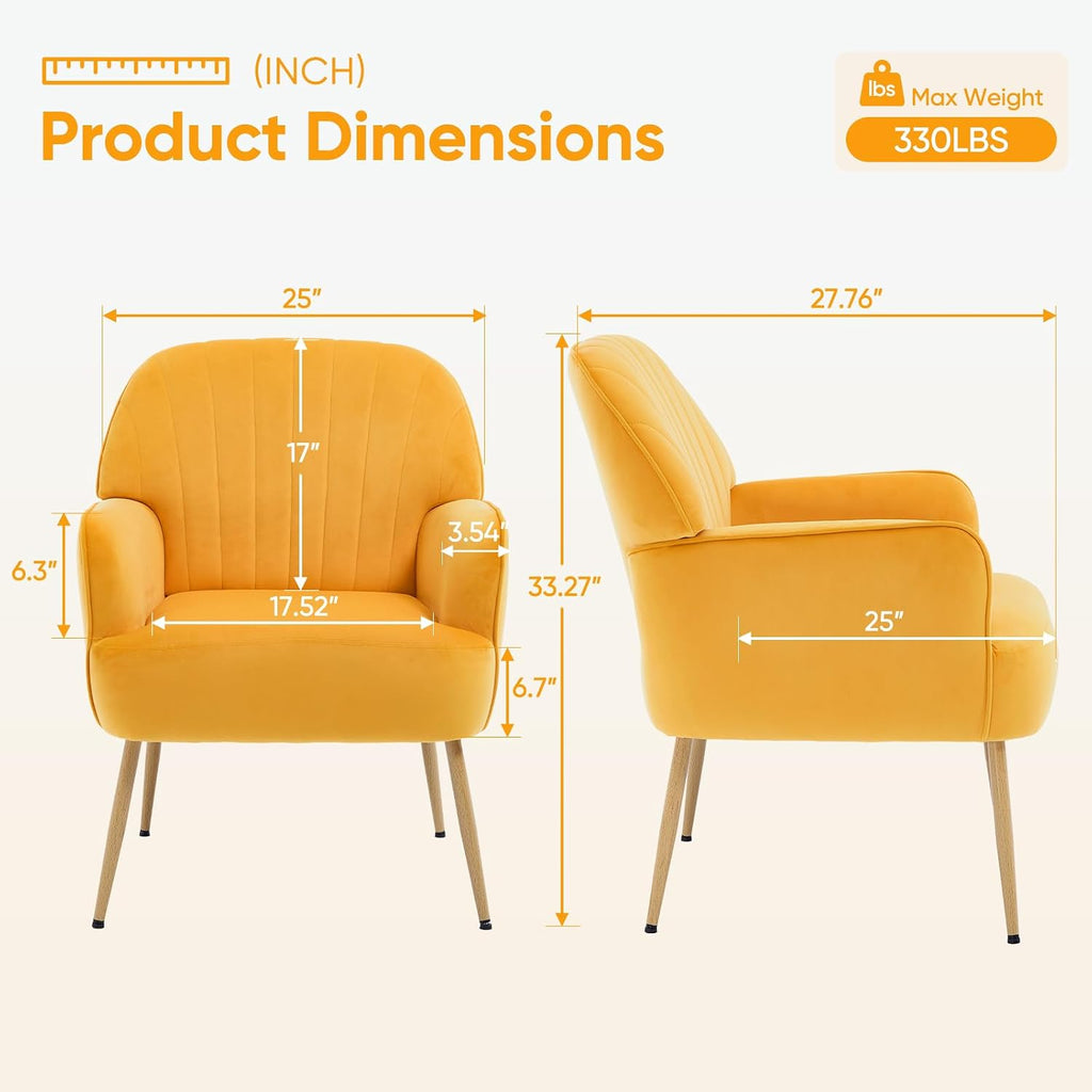 Velvet Accent Chair, Mid Century Modern Accent Chairs for Living Room, Comfy Upholstered Armchair with Metal Legs for Bedroom/Apartment/Office/Waiting Room, Golden Yellow
