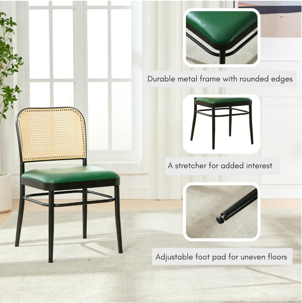 Rattan Dining Chairs Set of 4, Mid-Century Modern, Green | Cane Back Design, Faux Leather Upholstery, Boho Style, Comfortable Padded Seat, 350 LBS Weight Capacity