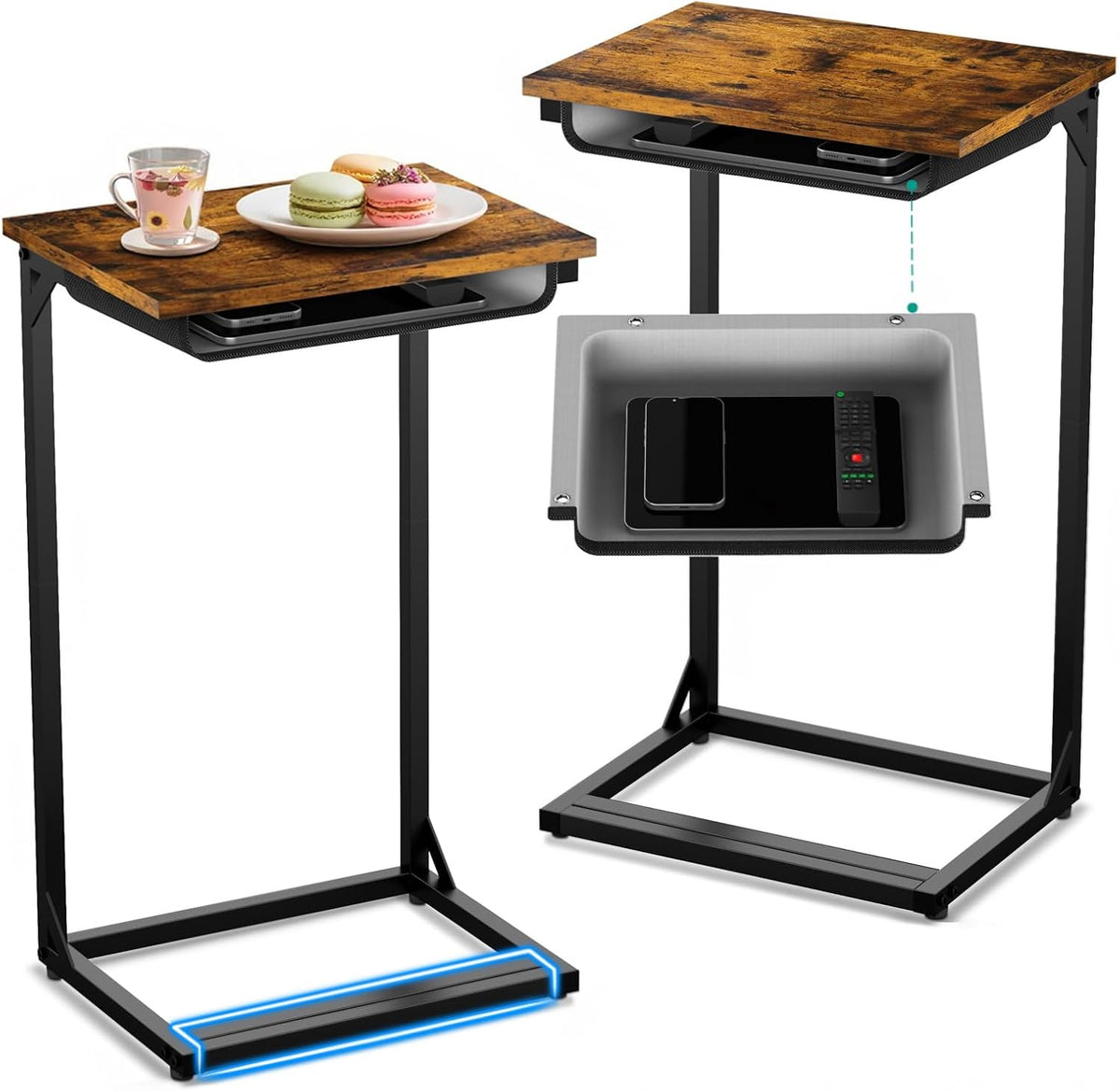 YEASHEIN C Shaped End Table Set of 2 with Cubby, Reinforced Base Small Couch Tables That Slide Under, 27”H C Table for Sofa, TV Tray Table for Eating, Couch Side Table for Small Spaces, Living Room
