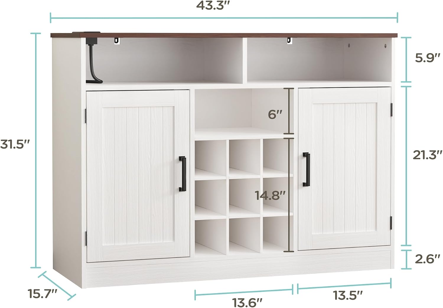 MHOM Farmhouse Buffet Cabinet with Prower Outlets, Rustic Sideboard Buffet with Wine Rack, Wooden Buffet Table for Dining Room, Antique White