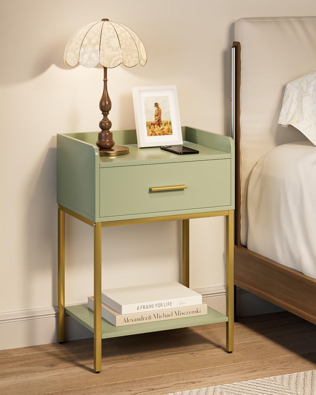 Nightstand,Modern Bedside Table Night Stand with Storage Drawer and Open Shelf,Small End Side Table for Bedroom,Living Room,Green