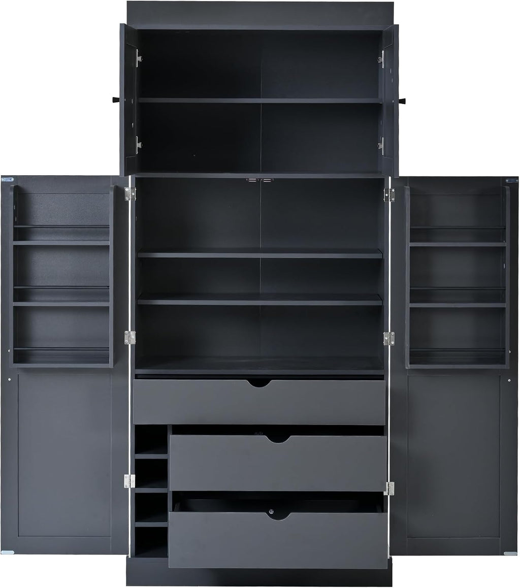 77'' Tall Freestanding Kitchen Pantry, Modern Cupboard Storage with Adjustable Shelves,Door Shelves, Drawers and Wine Racks,for Dining Living Room (Grey-A)