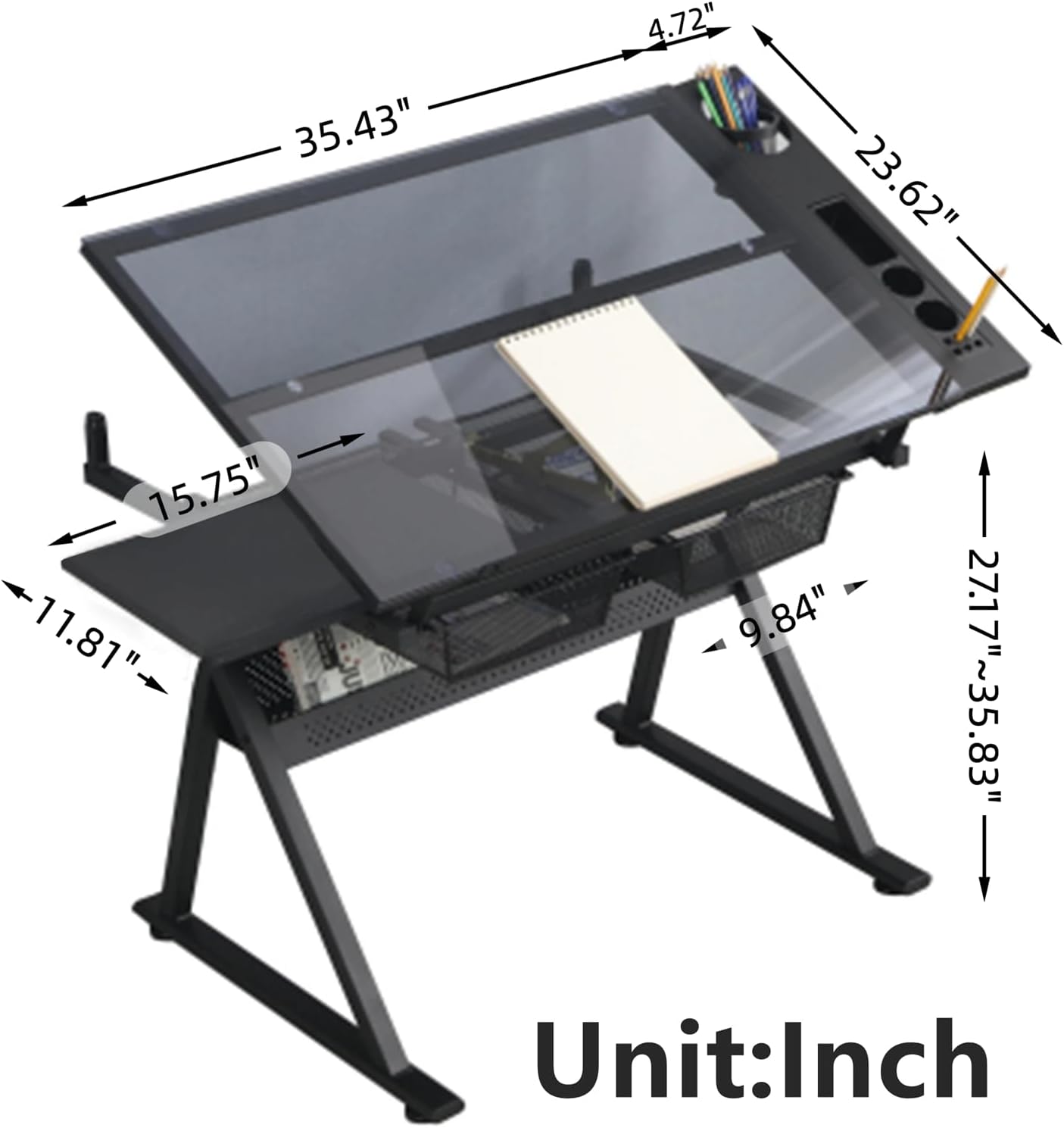 Drafting Table, Height Adjustable Drawing Table for Artists and Hobbyists, 0-75° Tiltable Glass Tabletop Art Table Painting Table Art Craft Desk with Storage Drawers, Black