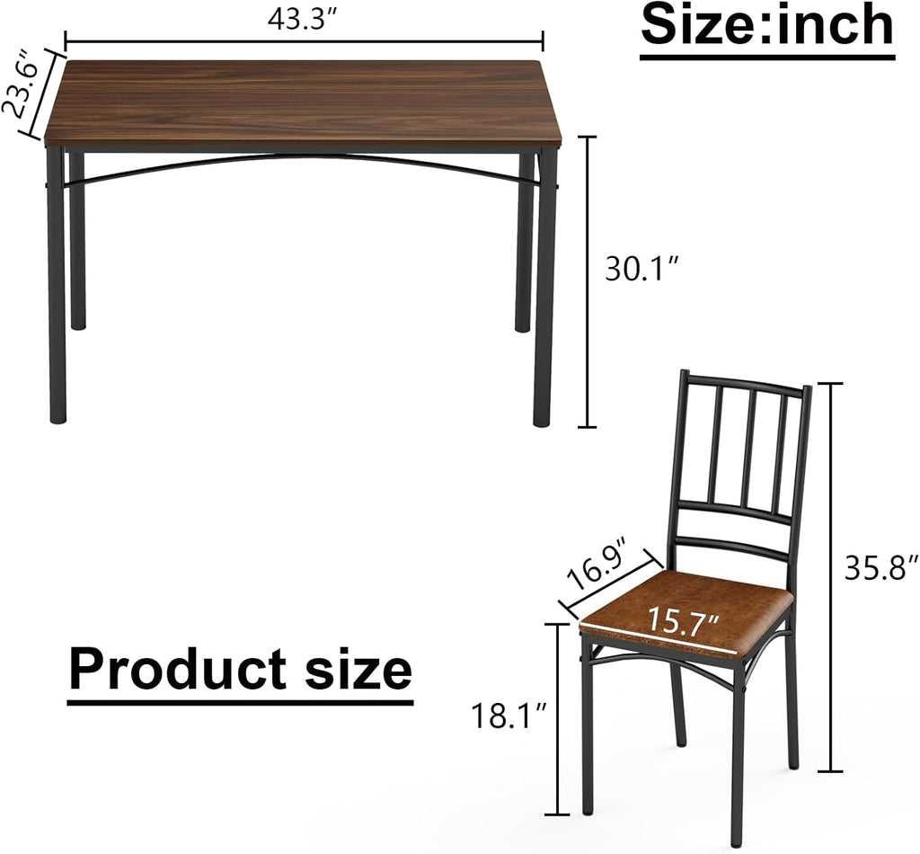Dining Table Set for 4, Industrial Kitchen Table Set with 4 Upholstered Chairs, Metal Table and Chairs Set for Kitchen, Dining Room, Living Room, Walnut