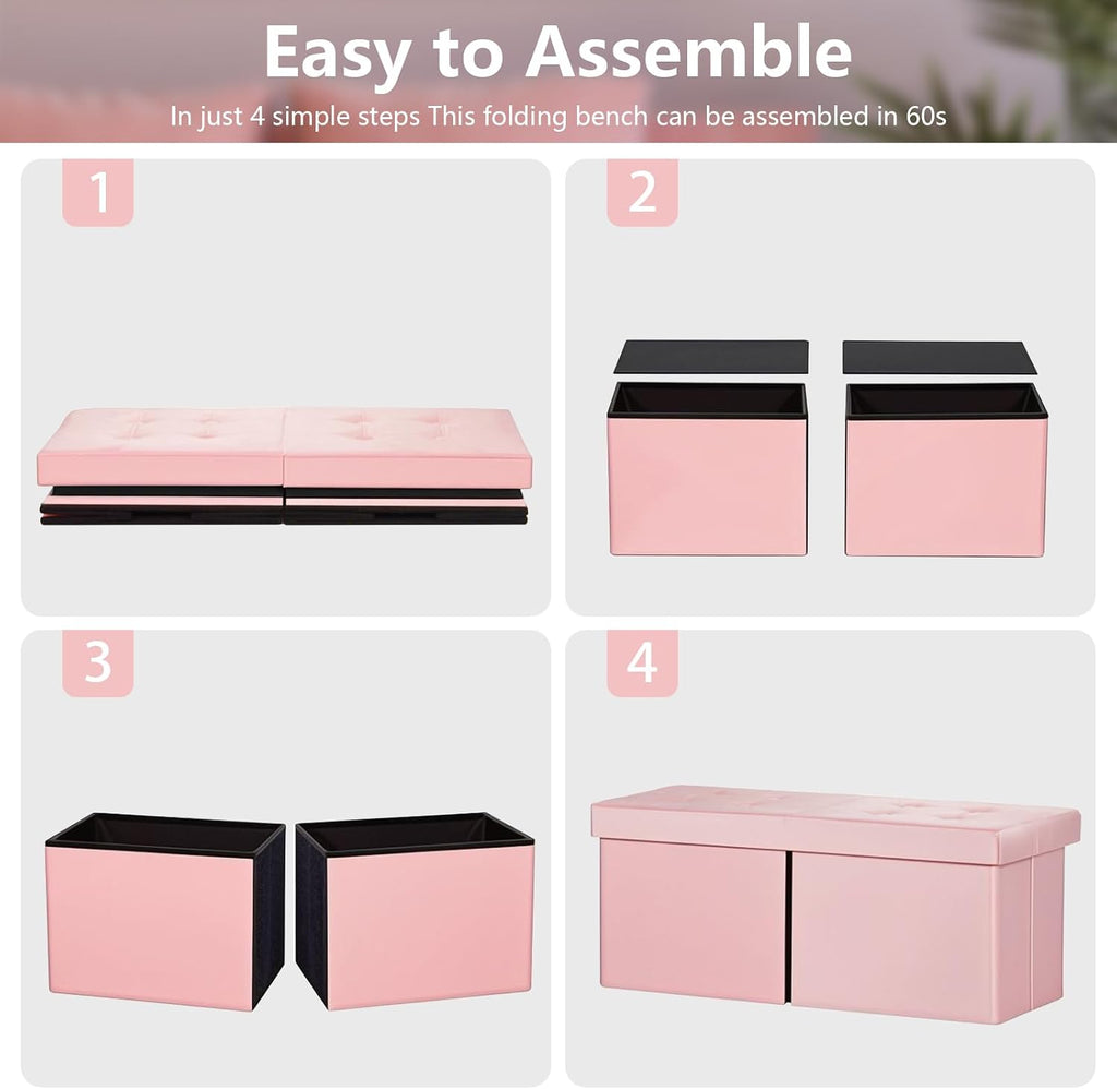 Storage Ottoman Bench, 34" Teddy Velvet Folding Foot Rest, Pink | Large Ottoman with Storage, Thicker Foam Padded Seat, 34 x 13 x 13in, Livingroom, Dorm, Bedroom, Easy to install, 86L